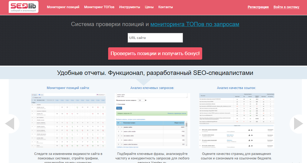 Интерфес сервиса Seolib.ru