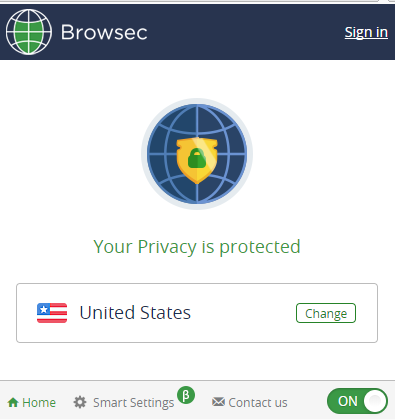 Интерфейс расширения Browsec VPN