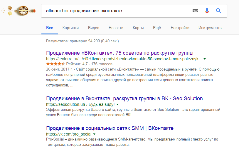 Скриншот выдачи Google по запросу с оператором allinanchor
