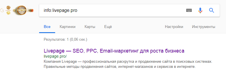 Скриншот выдачи Google по запросу с оператором info