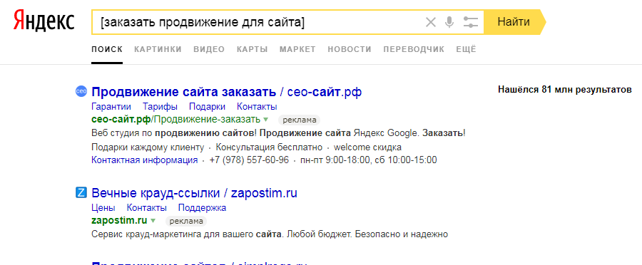 Скриншот выдачи Яндекс с оператором []