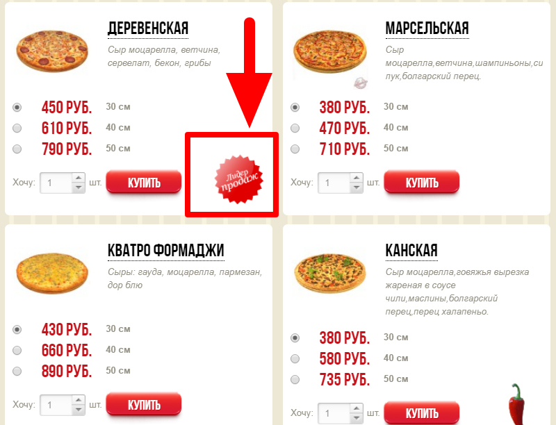 На сайте доставки пиццы и суши Bellissimo популярные блюда отмечены значком «Лидер продаж»