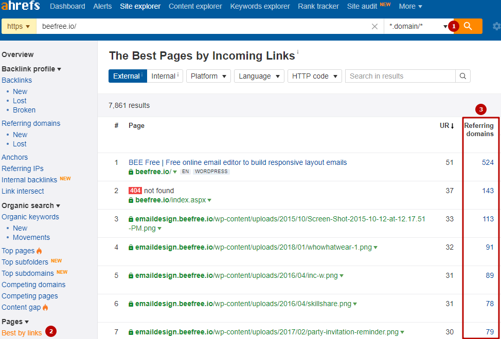 Pages best by links, data from Ahrefs